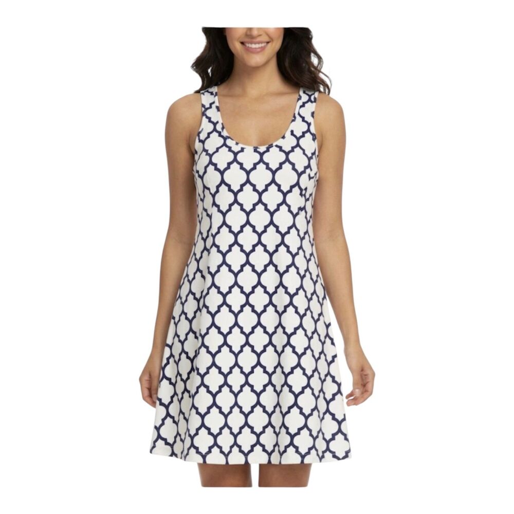 Jean-Pierre Klifa NWT White Blue Tile Print Sleeveless Shift Dress Size M